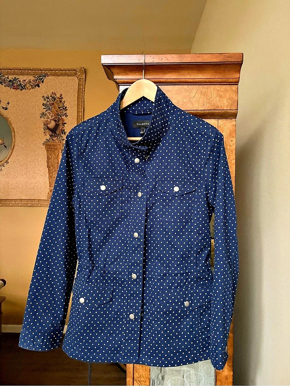 Talbots Navy Polka Dot Jacket size medium Drawstring waist